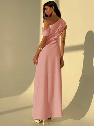 Aloruh Elegant Asymmetrical Neck Waist Ruched A-Line Dress