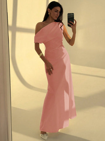 Aloruh Elegant Asymmetrical Neck Waist Ruched A-Line Dress