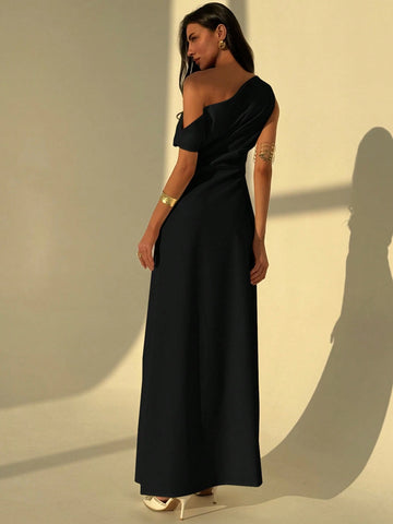Aloruh Elegant Asymmetrical Neck Waist Ruched A-Line Dress