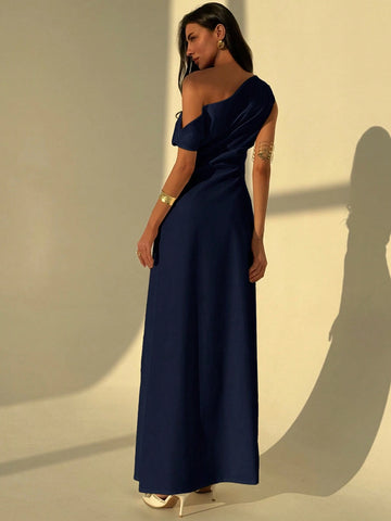 Aloruh Elegant Asymmetrical Neck Waist Ruched A-Line Dress