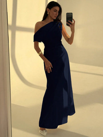 Aloruh Elegant Asymmetrical Neck Waist Ruched A-Line Dress