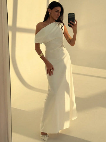 Aloruh Elegant Asymmetrical Neck Waist Ruched A-Line Dress