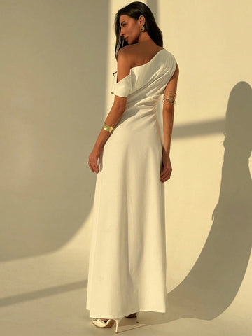 Aloruh Elegant Asymmetrical Neck Waist Ruched A-Line Dress