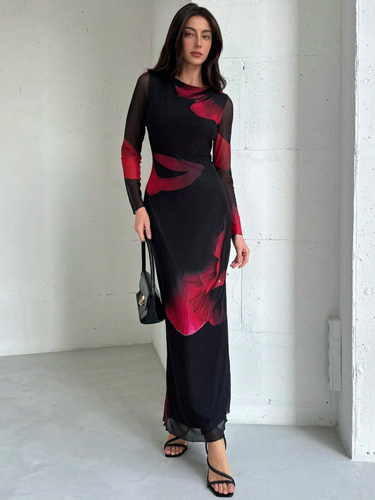 Aloruh Elegant Boat Neck Long Sleeve Tie-Dye Mesh Print Party Cocktail Dress