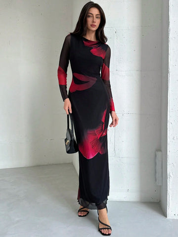Aloruh Elegant Boat Neck Long Sleeve Tie-Dye Mesh Print Party Cocktail Dress