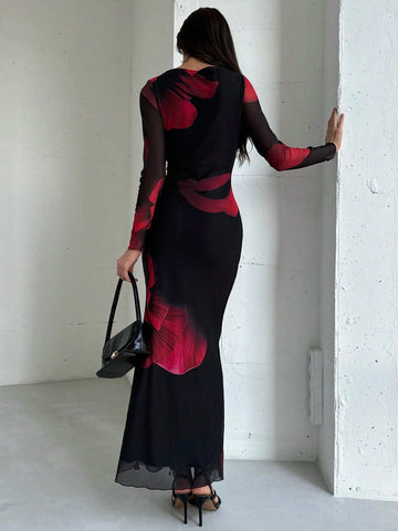 Aloruh Elegant Boat Neck Long Sleeve Tie-Dye Mesh Print Party Cocktail Dress