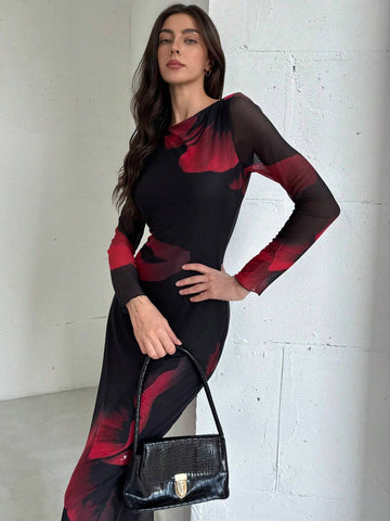 Aloruh Elegant Boat Neck Long Sleeve Tie-Dye Mesh Print Party Cocktail Dress