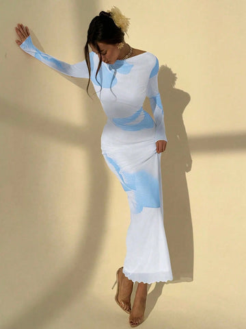 Aloruh Elegant Boat Neck Long Sleeve Tie-Dye Mesh Print Party Cocktail Dress