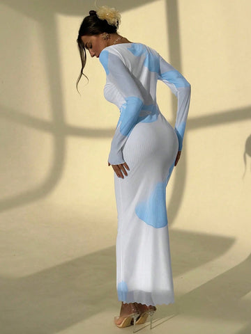 Aloruh Elegant Boat Neck Long Sleeve Tie-Dye Mesh Print Party Cocktail Dress