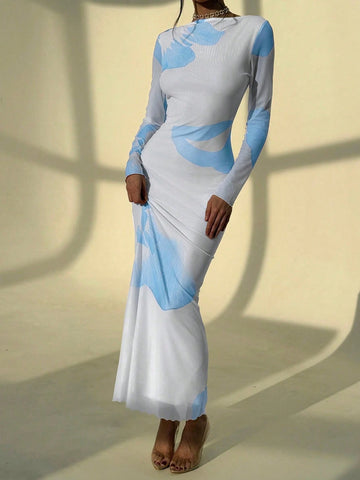 Aloruh Elegant Boat Neck Long Sleeve Tie-Dye Mesh Print Party Cocktail Dress