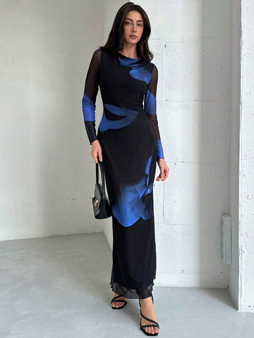 Aloruh Elegant Boat Neck Long Sleeve Tie-Dye Mesh Print Party Cocktail Dress