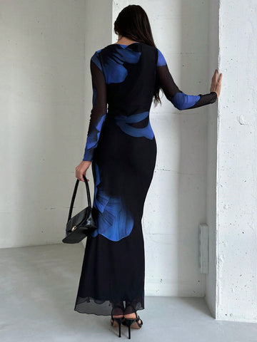 Aloruh Elegant Boat Neck Long Sleeve Tie-Dye Mesh Print Party Cocktail Dress
