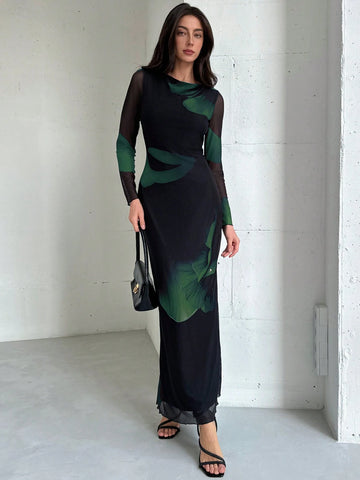 Aloruh Elegant Boat Neck Long Sleeve Tie-Dye Mesh Print Party Cocktail Dress