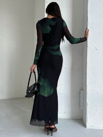 Aloruh Elegant Boat Neck Long Sleeve Tie-Dye Mesh Print Party Cocktail Dress
