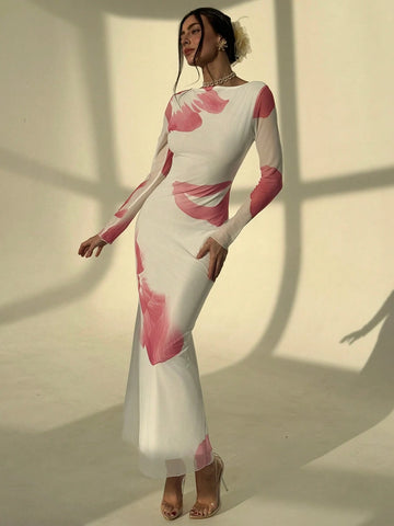 Aloruh Elegant Boat Neck Long Sleeve Tie-Dye Mesh Print Party Cocktail Dress