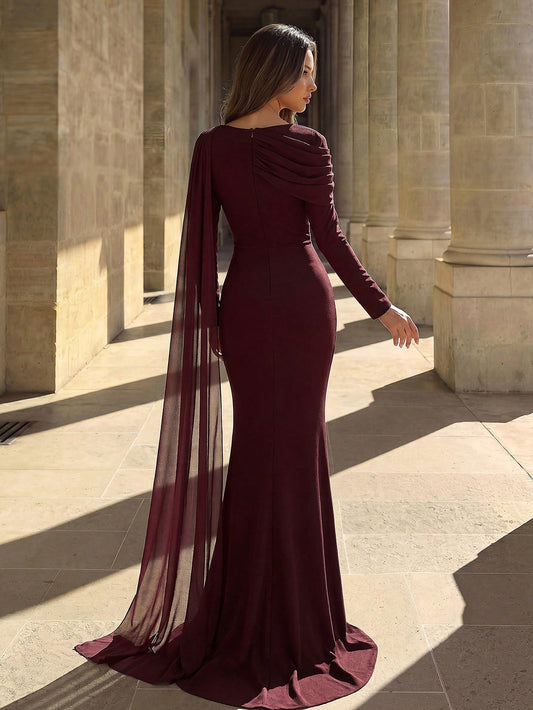 Aloruh Romantic Shawl With Draped Pleated Decor, Fishtail Hem Bridesmaid Dress
