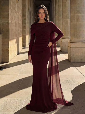 Aloruh Romantic Shawl With Draped Pleated Decor, Fishtail Hem Bridesmaid Dress