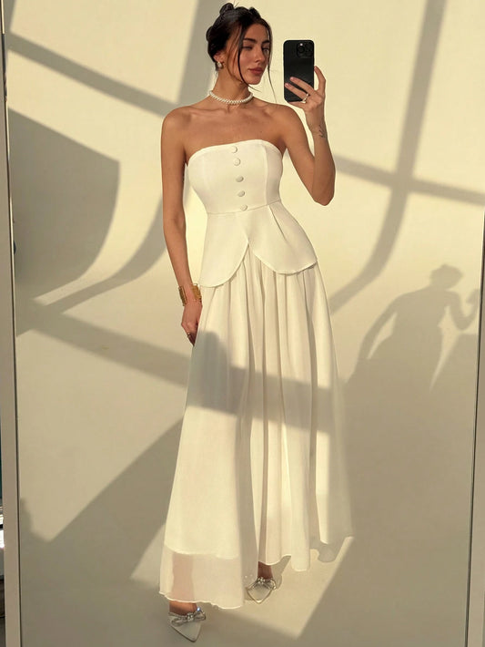 Elegant Simple Commuter Romantic Big Flare Skirt With Camisole Vest Top, Versatile Plain Color Suit