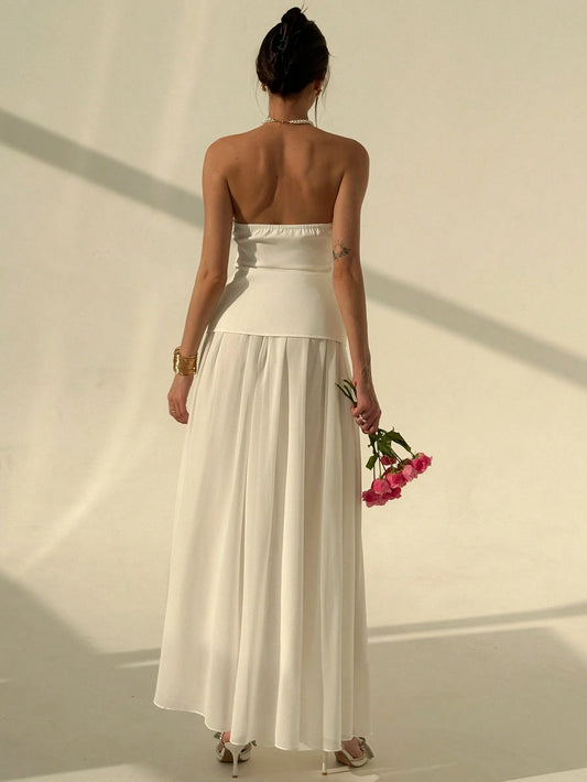 Elegant Simple Commuter Romantic Big Flare Skirt With Camisole Vest Top, Versatile Plain Color Suit