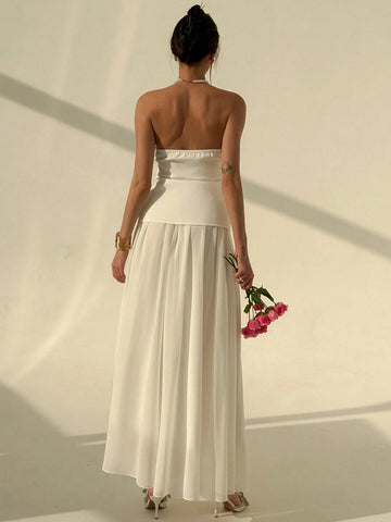 Elegant Simple Commuter Romantic Big Flare Skirt With Camisole Vest Top, Versatile Plain Color Suit