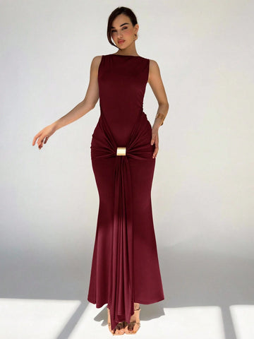 Women's Round Neck Sleeveless Knotted Front Fishtail Hem Fitted Elegant Dress