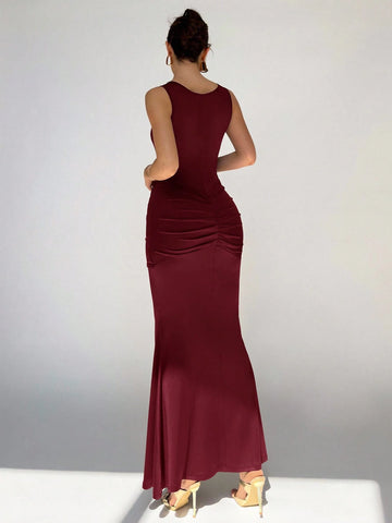 Women's Round Neck Sleeveless Knotted Front Fishtail Hem Fitted Elegant Dress