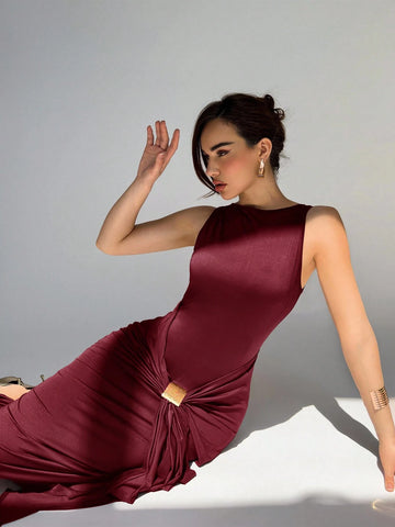 Women's Round Neck Sleeveless Knotted Front Fishtail Hem Fitted Elegant Dress