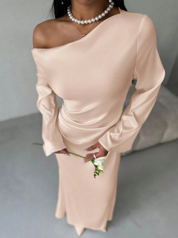 Solid Shoulder Ruched Flare Sleeve Maxi Fitted Mermaid Skirt