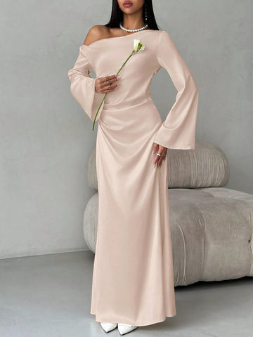 Solid Shoulder Ruched Flare Sleeve Maxi Fitted Mermaid Skirt