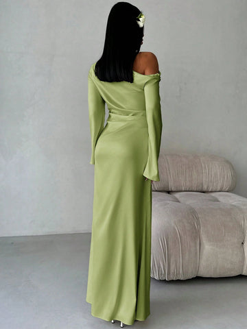 Solid Shoulder Ruched Flare Sleeve Maxi Fitted Mermaid Skirt
