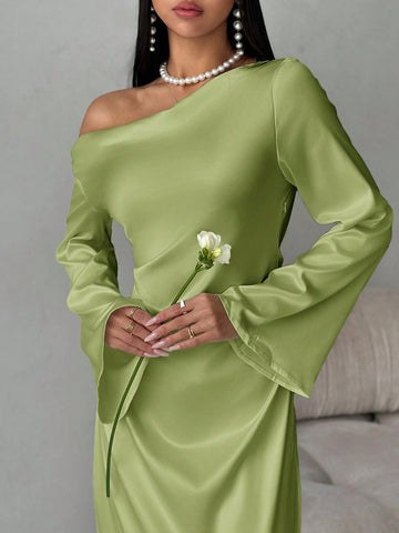 Solid Shoulder Ruched Flare Sleeve Maxi Fitted Mermaid Skirt
