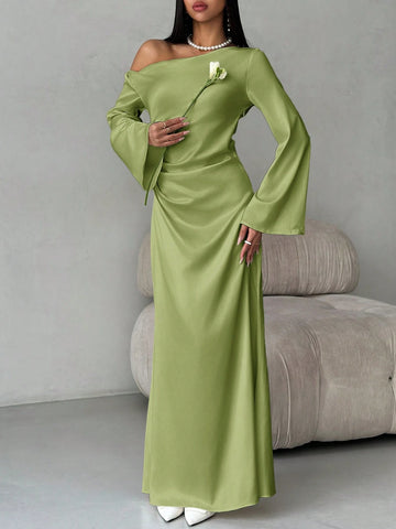 Solid Shoulder Ruched Flare Sleeve Maxi Fitted Mermaid Skirt