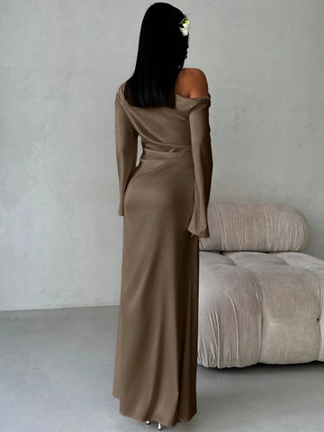 Solid Shoulder Ruched Flare Sleeve Maxi Fitted Mermaid Skirt