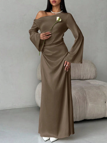 Solid Shoulder Ruched Flare Sleeve Maxi Fitted Mermaid Skirt