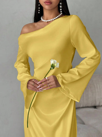Solid Shoulder Ruched Flare Sleeve Maxi Fitted Mermaid Skirt