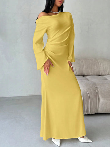 Solid Shoulder Ruched Flare Sleeve Maxi Fitted Mermaid Skirt
