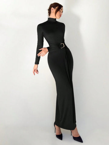Slim Fit Warm Stand Collar Long Sleeve Cinched Waist Extra-Long Versatile Knit Dress