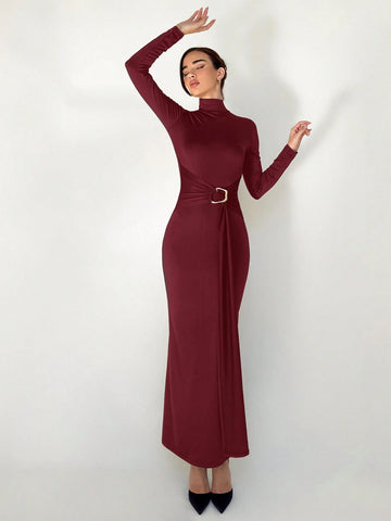 Slim Fit Warm Stand Collar Long Sleeve Cinched Waist Extra-Long Versatile Knit Dress