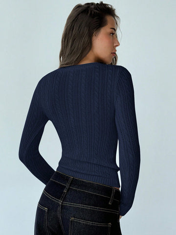 Deep V-Neck Long Sleeve Fitted Vintage Cable Knit Minimalist Pullover