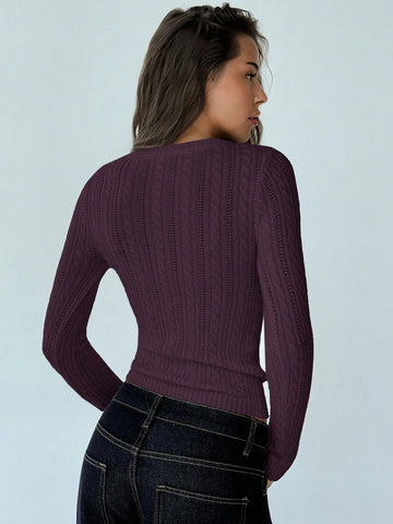 Deep V-Neck Long Sleeve Fitted Vintage Cable Knit Minimalist Pullover