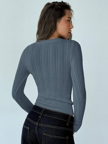 Deep V-Neck Long Sleeve Fitted Vintage Cable Knit Minimalist Pullover