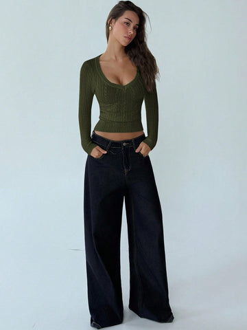 Deep V-Neck Long Sleeve Fitted Vintage Cable Knit Minimalist Pullover