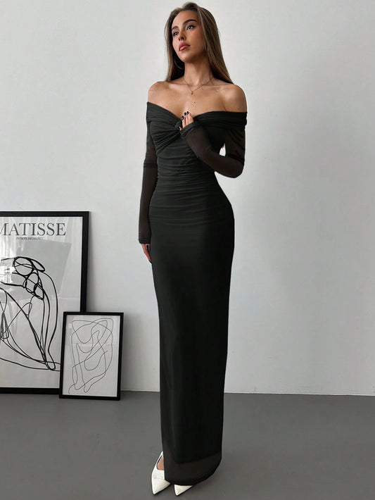 Aloruh Romantic Off-Shoulder Mesh Twist Ruched Fitted Long Sleeve Dress