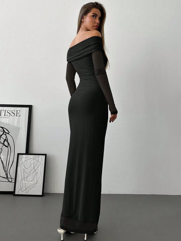 Aloruh Romantic Off-Shoulder Mesh Twist Ruched Fitted Long Sleeve Dress