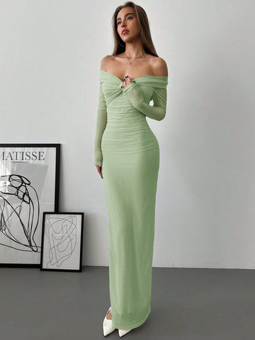 Aloruh Romantic Off-Shoulder Mesh Twist Ruched Fitted Long Sleeve Dress