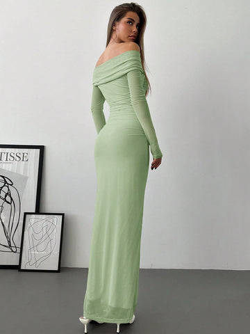 Aloruh Romantic Off-Shoulder Mesh Twist Ruched Fitted Long Sleeve Dress