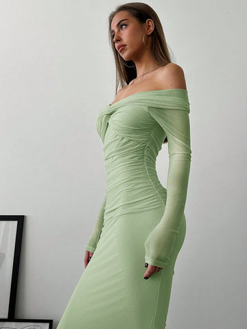 Aloruh Romantic Off-Shoulder Mesh Twist Ruched Fitted Long Sleeve Dress
