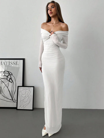 Aloruh Romantic Off-Shoulder Mesh Twist Ruched Fitted Long Sleeve Dress