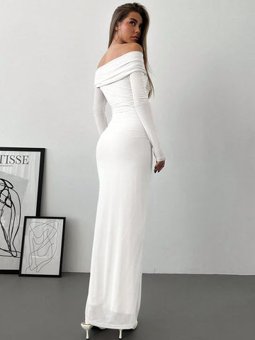 Aloruh Romantic Off-Shoulder Mesh Twist Ruched Fitted Long Sleeve Dress