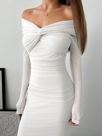 Aloruh Romantic Off-Shoulder Mesh Twist Ruched Fitted Long Sleeve Dress